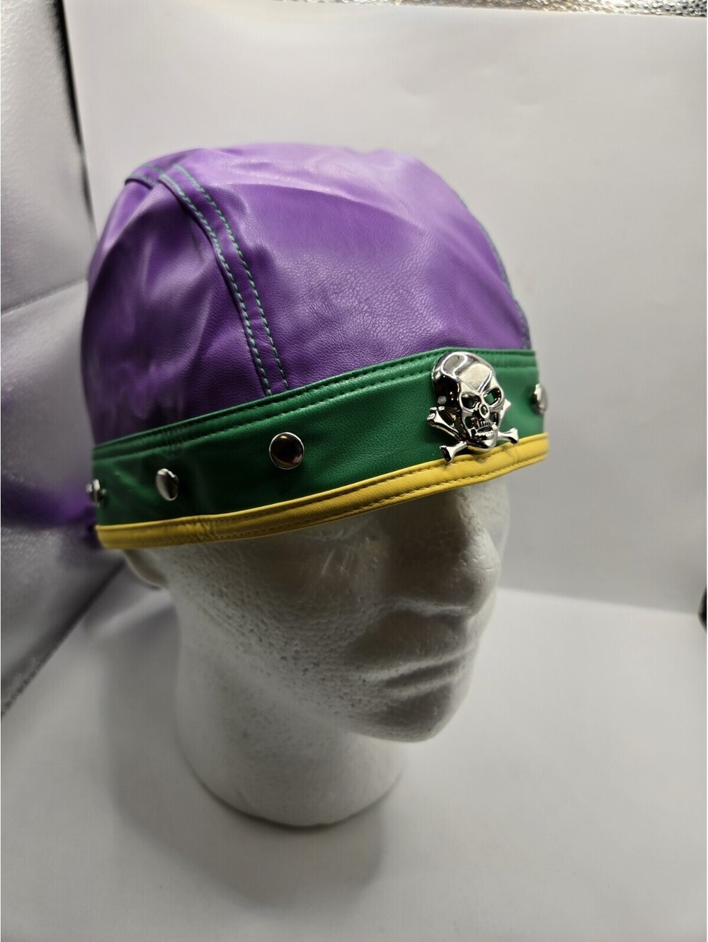 Mardi Gras Biker Skull Cap Hat Faux Leather Purple Green Gold Pirate Bandana
